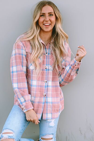 Plaid Pocketed Collared Neck Button Up Jacket Trendsi