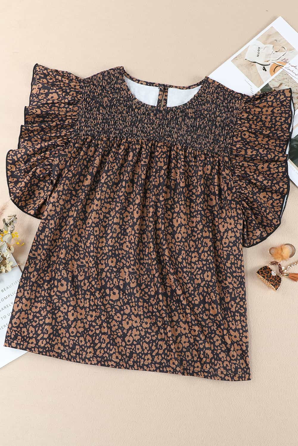 Plus Size Printed Smocked Butterfly Sleeve Blouse Trendsi