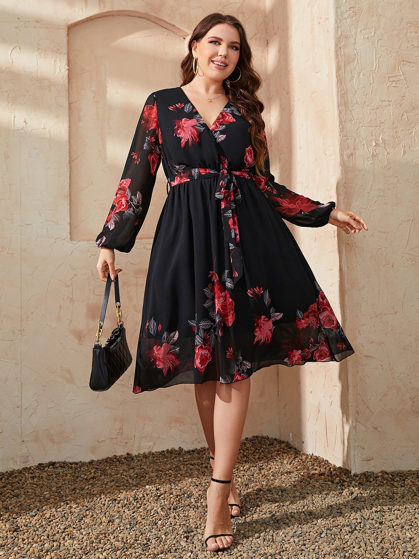 Plus Size Floral Surplice Neck Tie Waist Dress Trendsi
