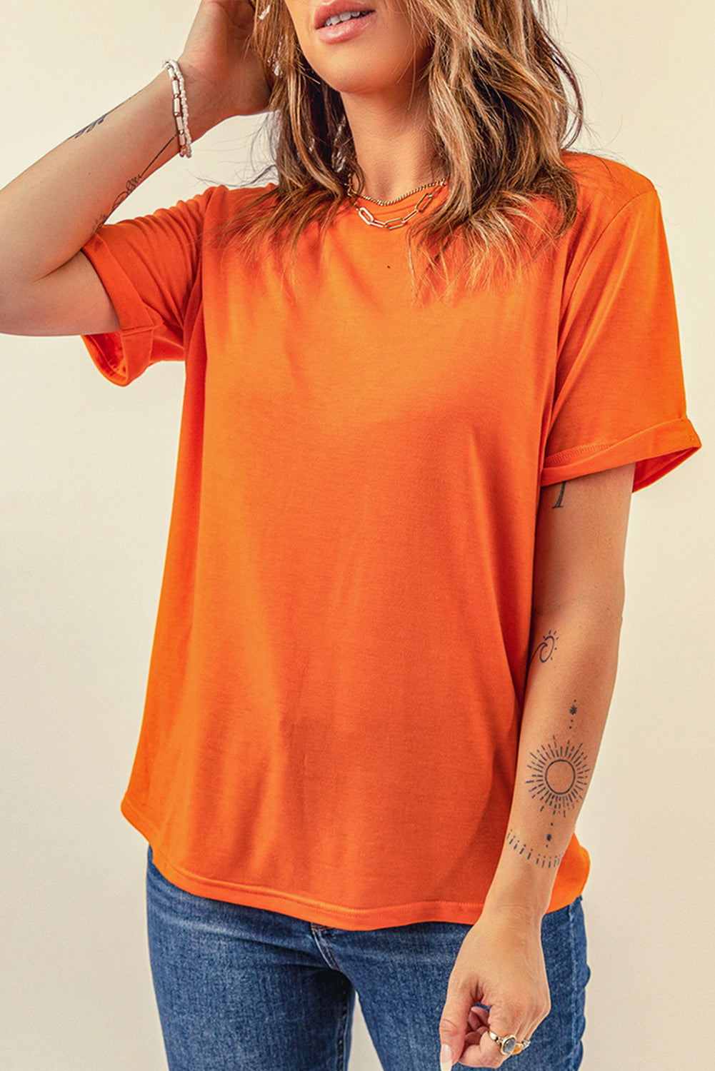 Round Neck Cuffed Short Sleeve Tee Trendsi
