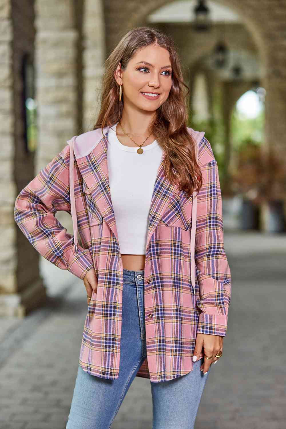Plaid Long Sleeve Hooded Jacket Trendsi