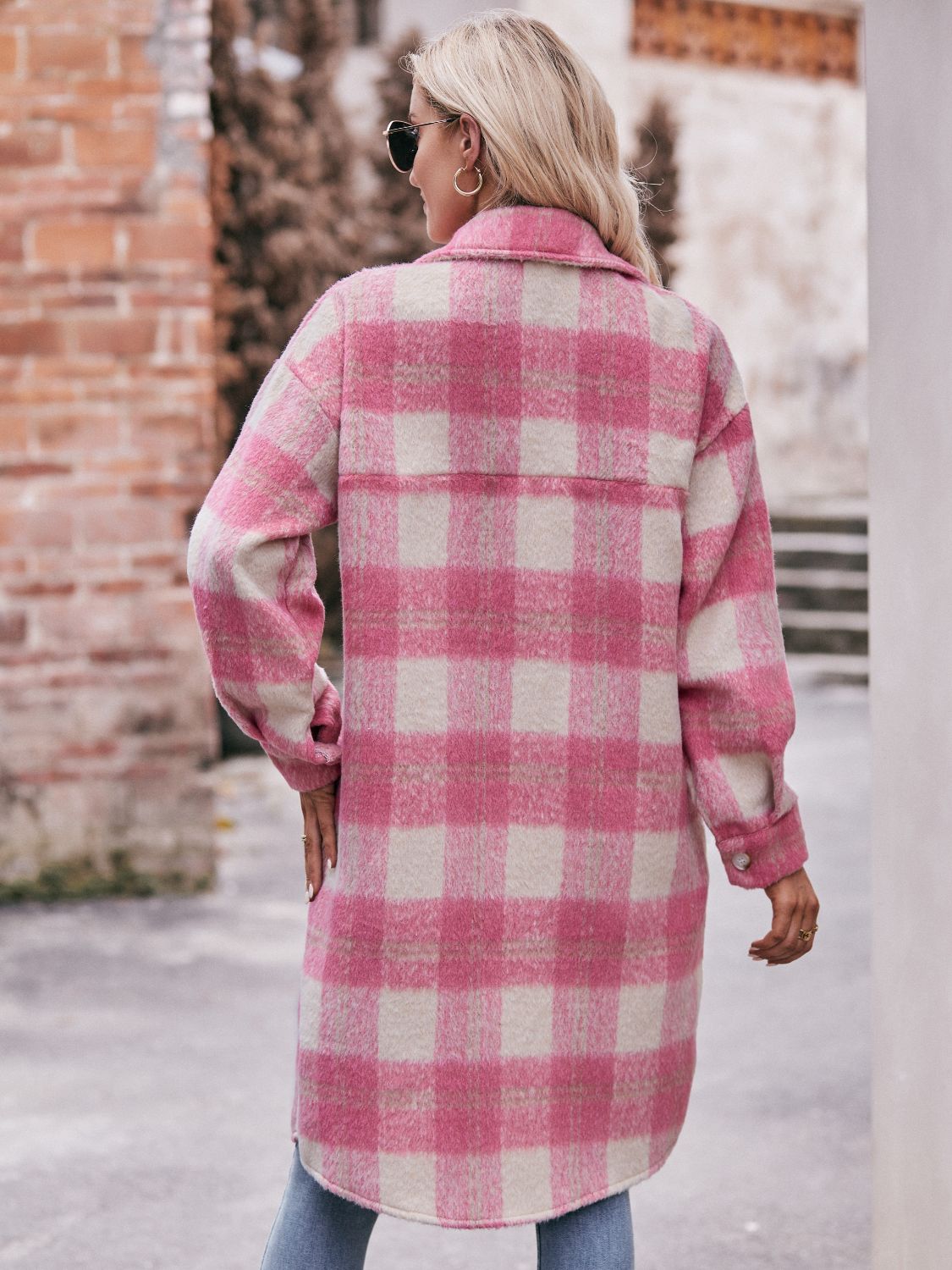 Plaid Dropped Shoulder Slit Coat Trendsi
