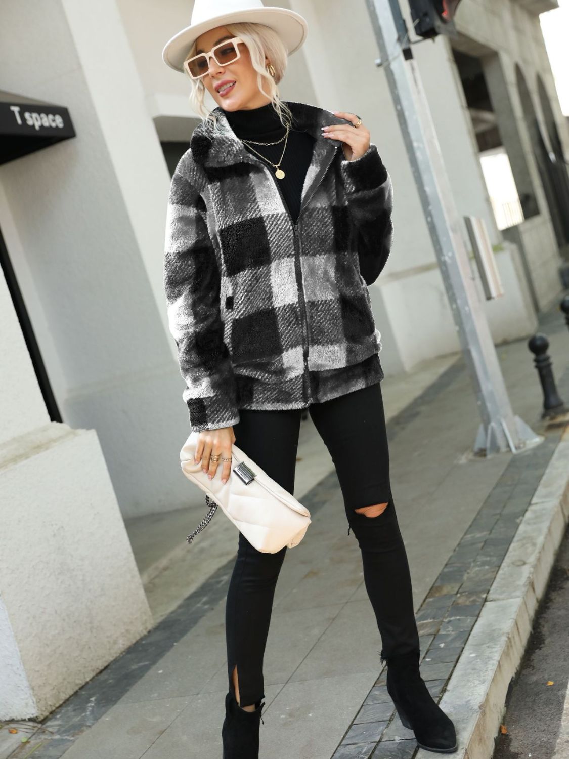 Plaid Zip-Up Collared Jacket Trendsi