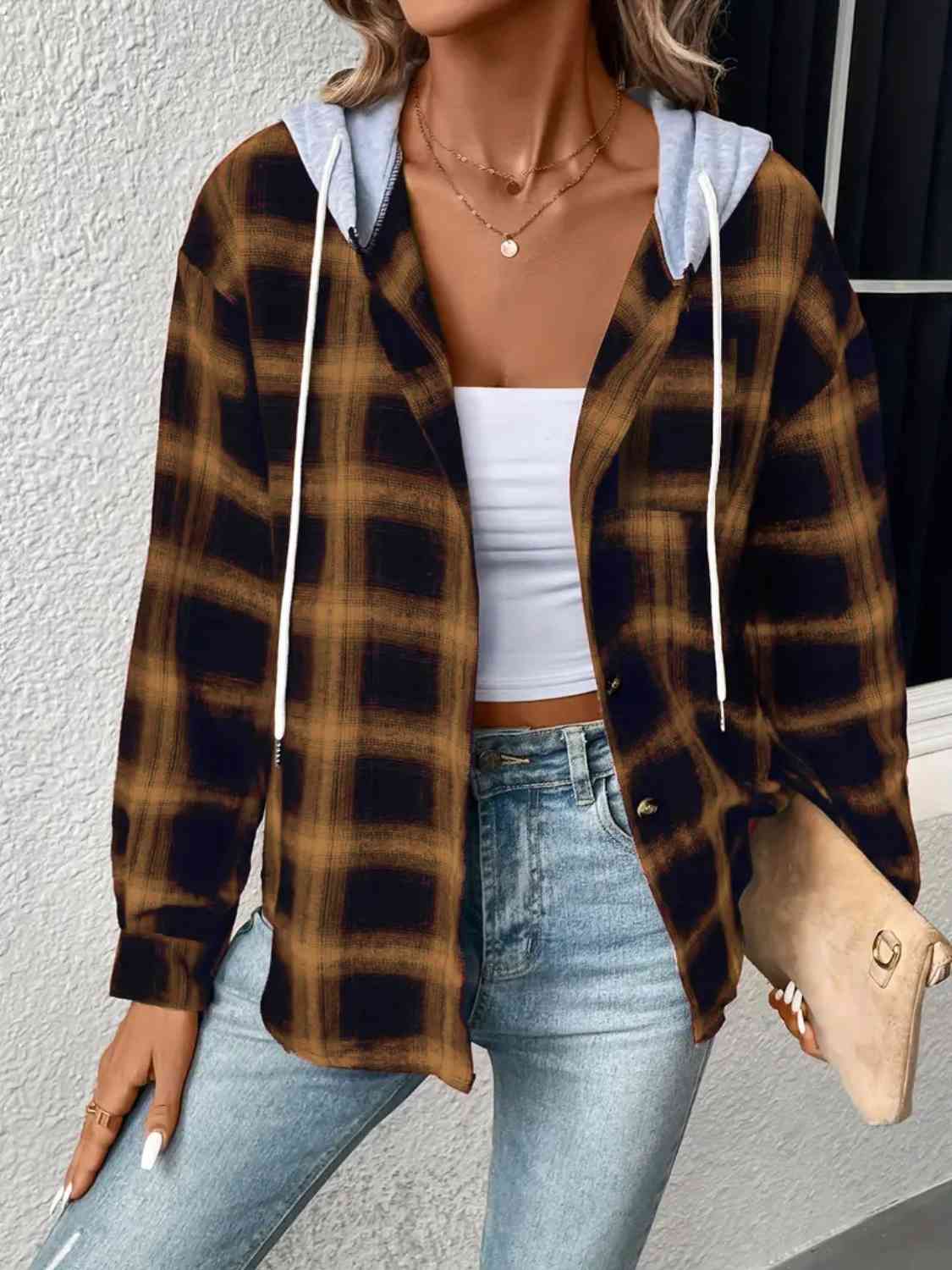 Plaid Drawstring Button Up Hooded Jacket Trendsi