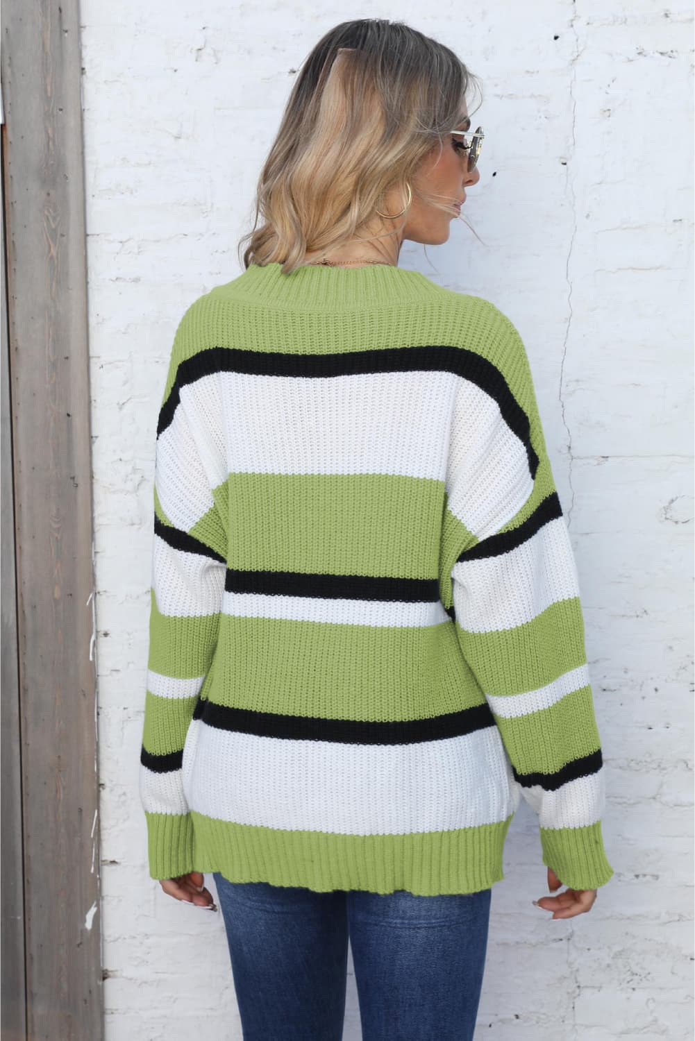 Color Block V-Neck Dropped Shoulder Sweater Trendsi