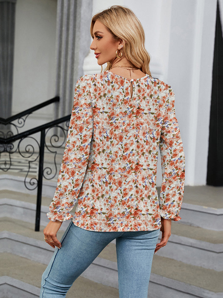 Printed Round Neck Flounce Sleeve Blouse Trendsi
