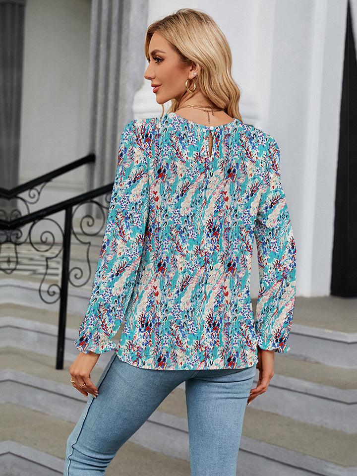 Printed Round Neck Flounce Sleeve Blouse Trendsi
