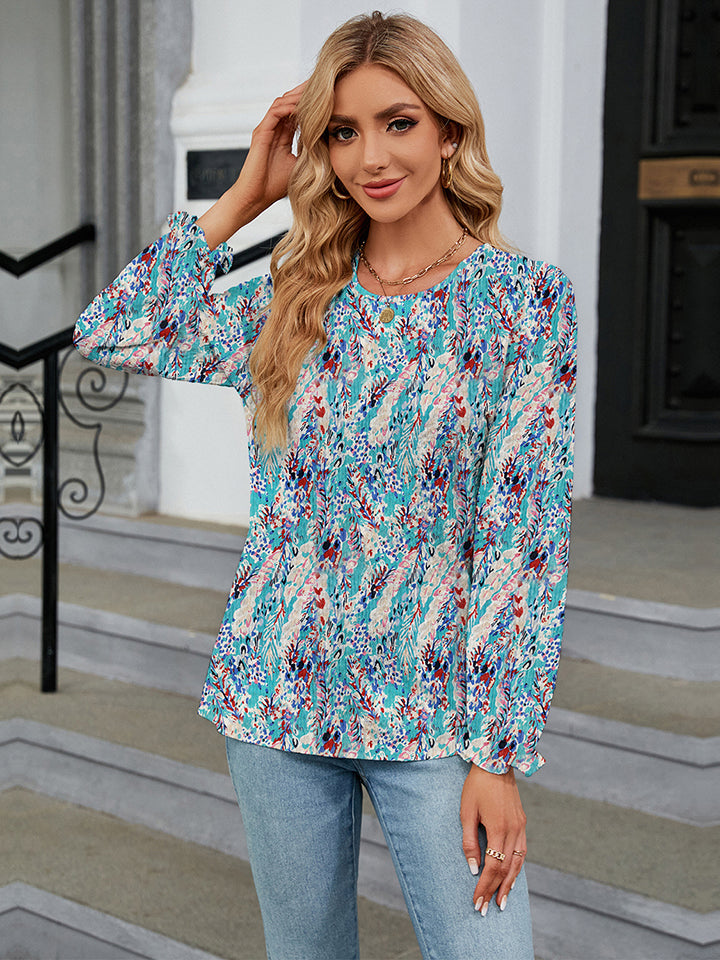 Printed Round Neck Flounce Sleeve Blouse Trendsi