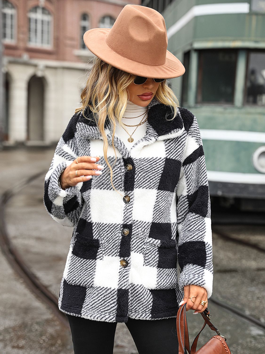Plaid Collared Neck Button Down Jacket Trendsi