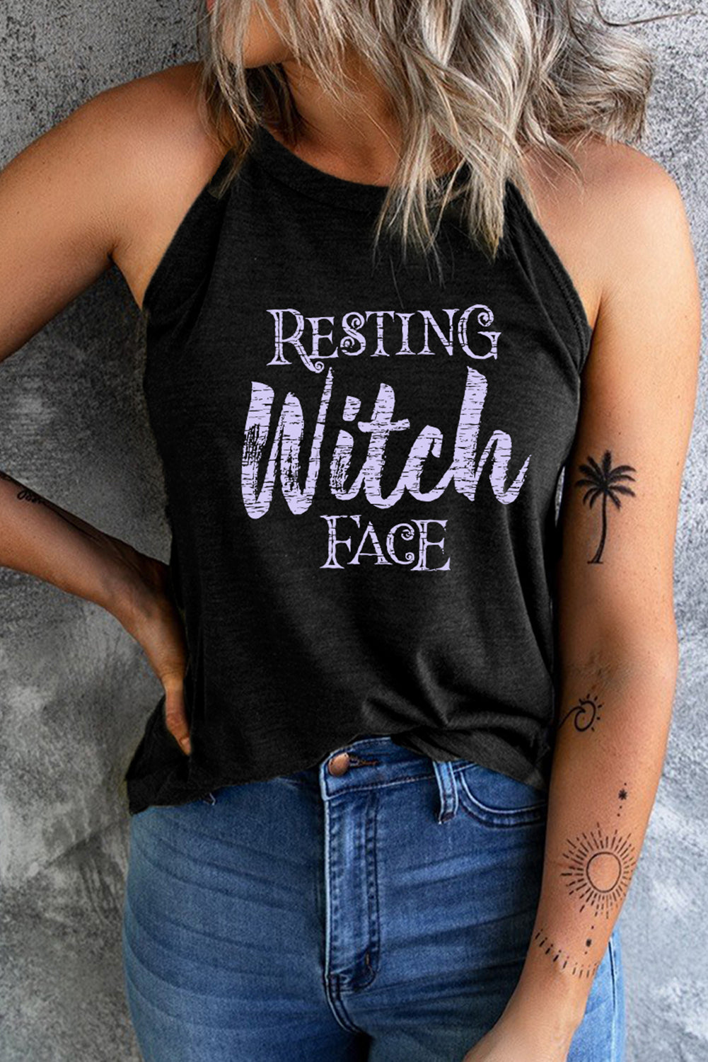 Round Neck RESTING WITCH FACE Graphic Tank Top Trendsi