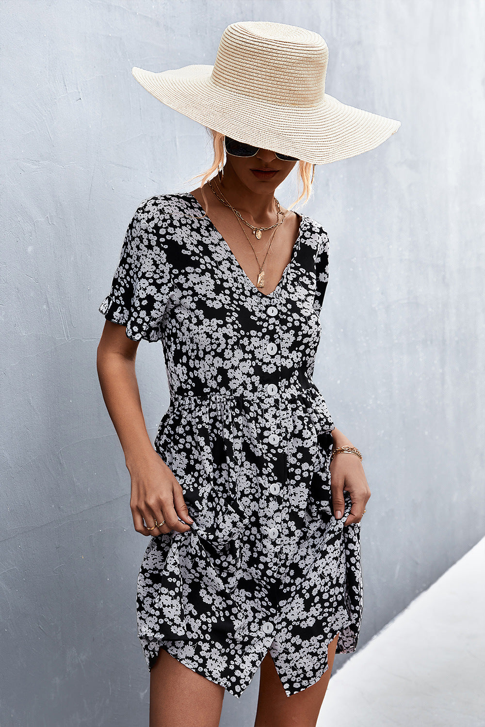 Printed Button down Pocketed Dress Trendsi
