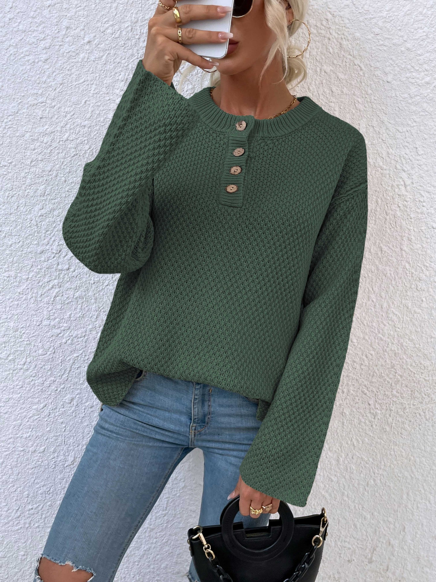 Quarter-Button Slit Sweater Trendsi