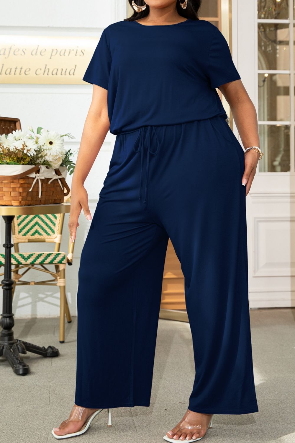 Plus Size Drawstring Waist Short Sleeve Jumpsuit Trendsi