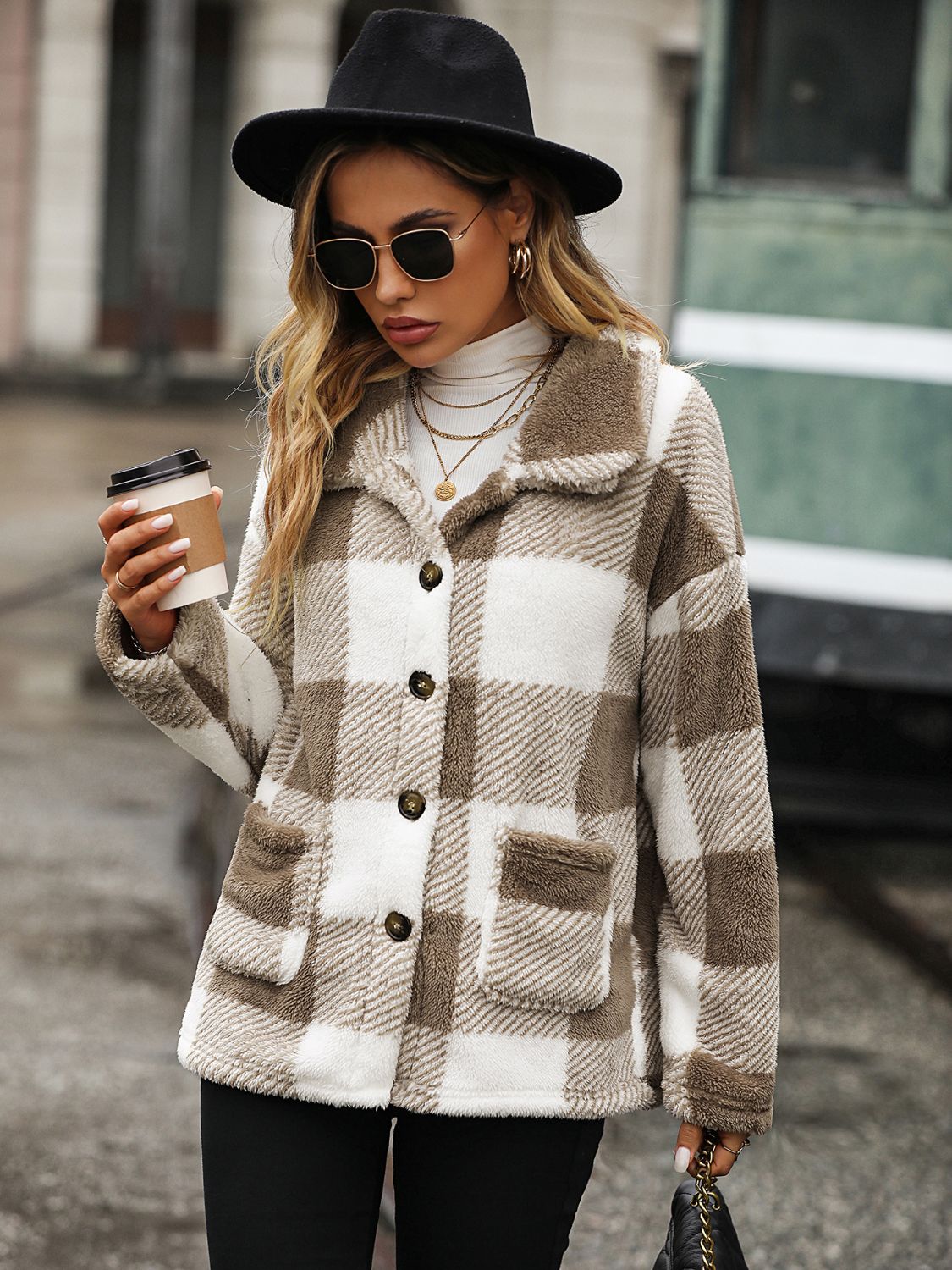 Plaid Collared Neck Button Down Jacket Trendsi