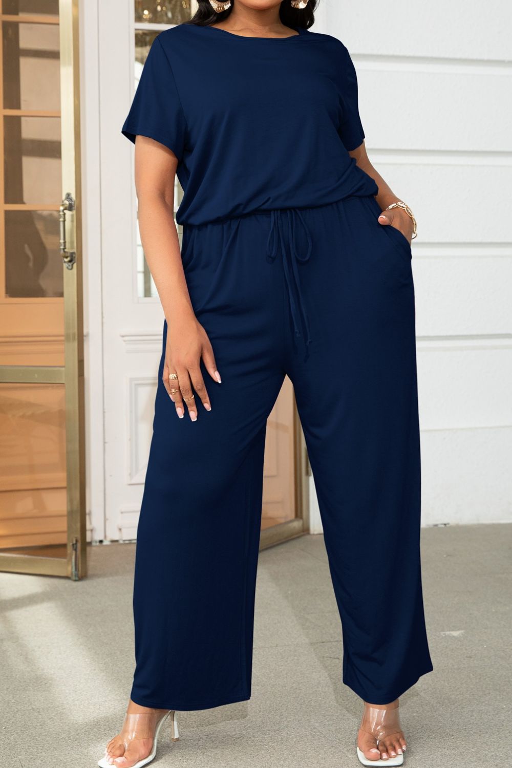 Plus Size Drawstring Waist Short Sleeve Jumpsuit Trendsi