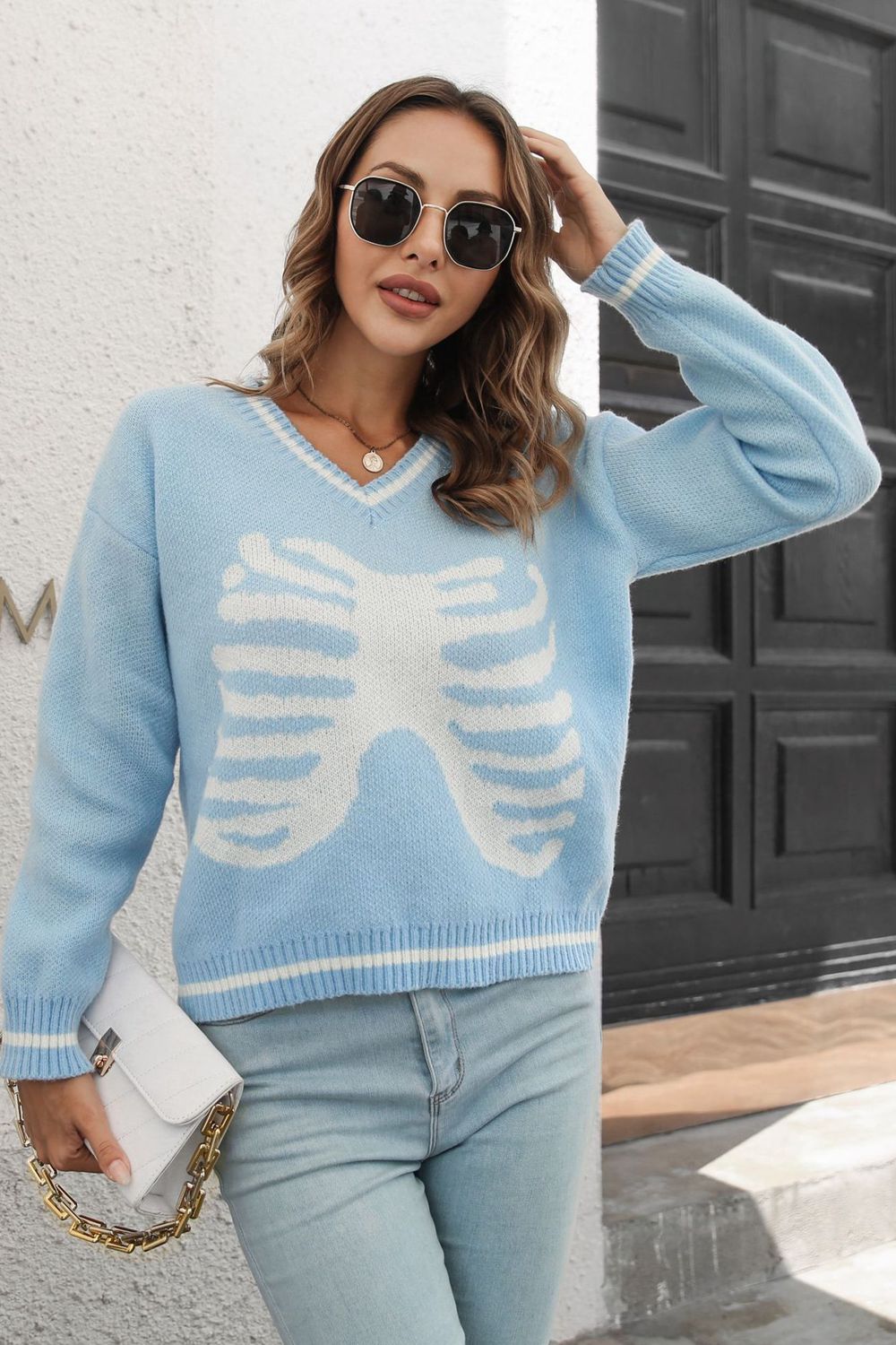 Skeleton Pattern V-Neck Long Sleeve Pullover Sweater Trendsi