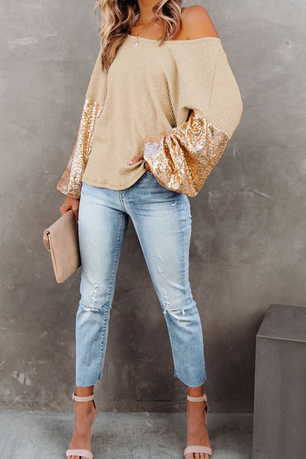 Sequin Waffle-Knit Blouse Trendsi