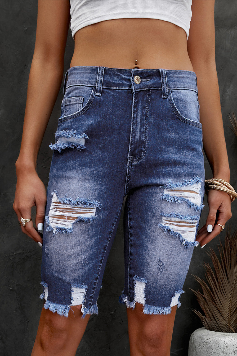 Distressed Frayed Hem Denim Bermuda Shorts Trendsi