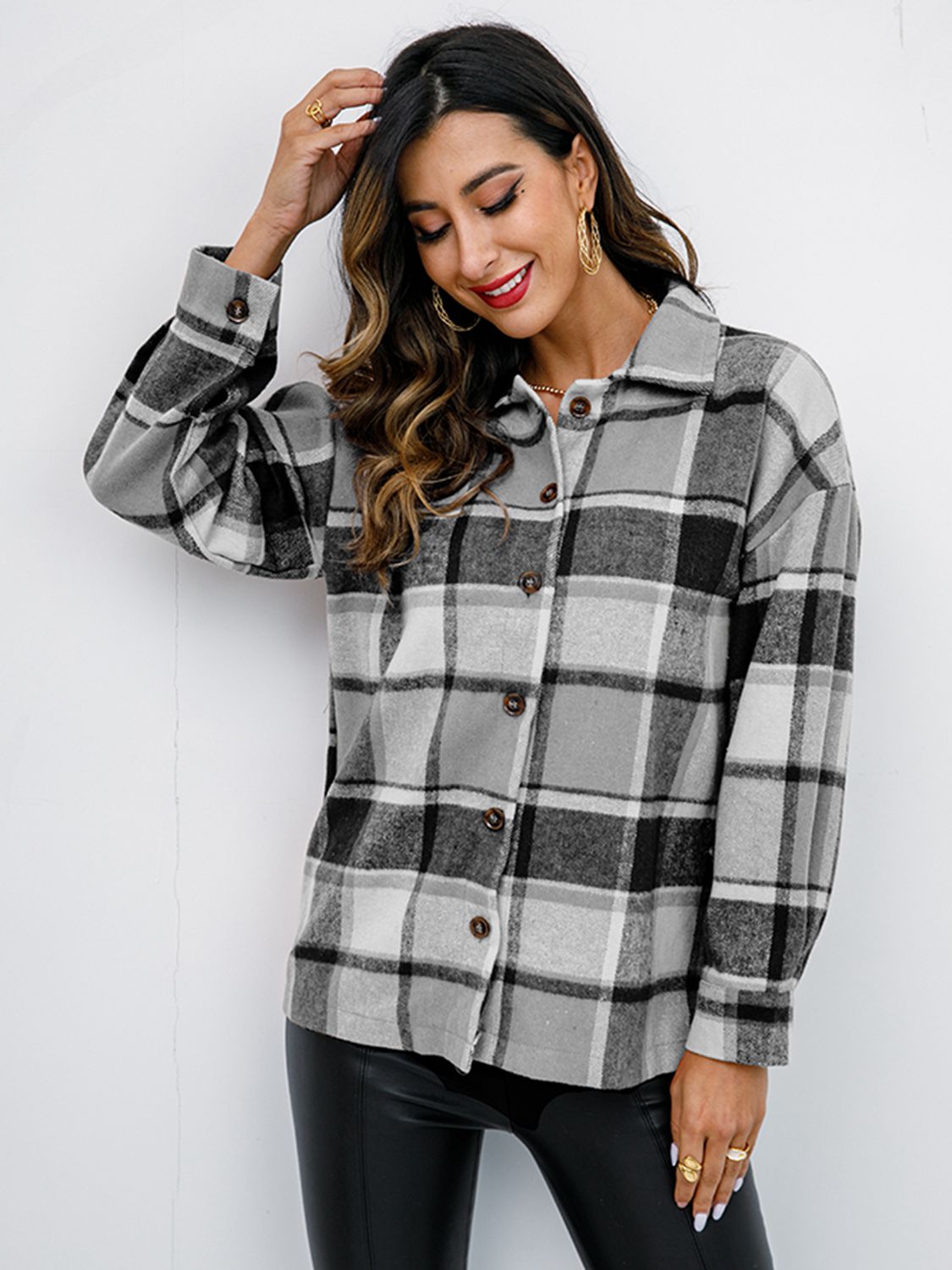 Plaid Button-Down Jacket Trendsi