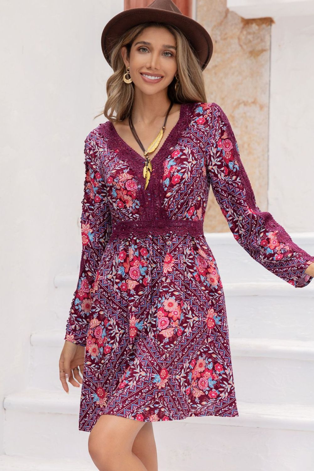 V-Neck Long Sleeve Printed Mini Dress Trendsi