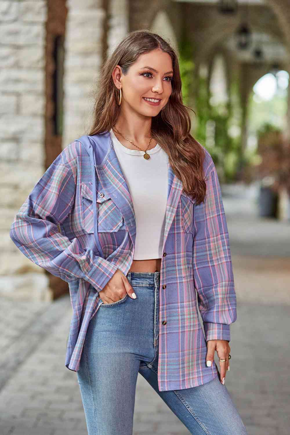 Plaid Long Sleeve Hooded Jacket Trendsi