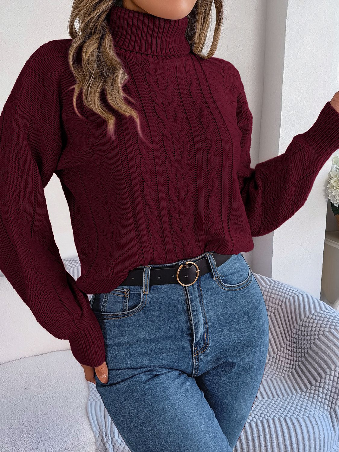 Cable-Knit Turtleneck Sweater Trendsi