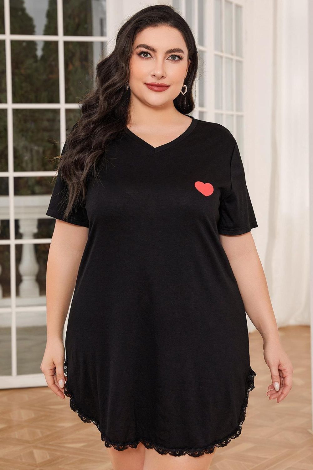 Plus Size Lace Trim V-Neck Short Sleeve Night Dress Trendsi