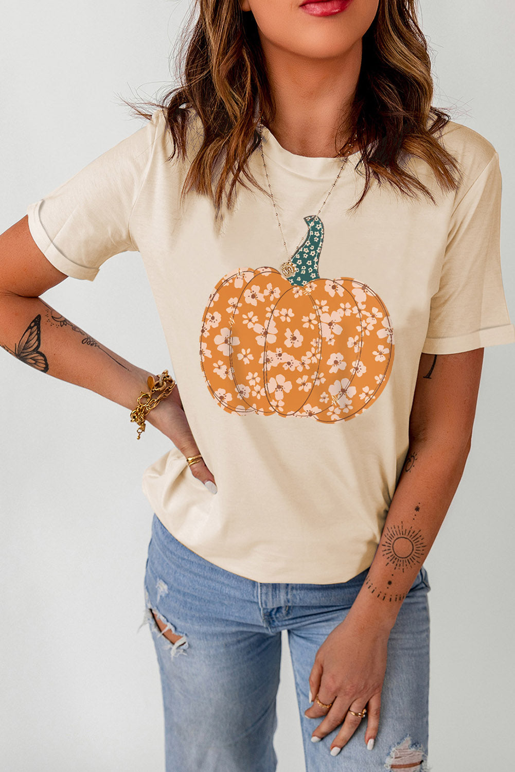 Pumpkin Graphic Round Neck Cuffed T-Shirt Trendsi