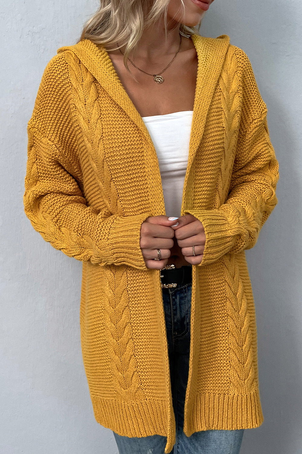 Cable-Knit Dropped Shoulder Hooded Cardigan Trendsi