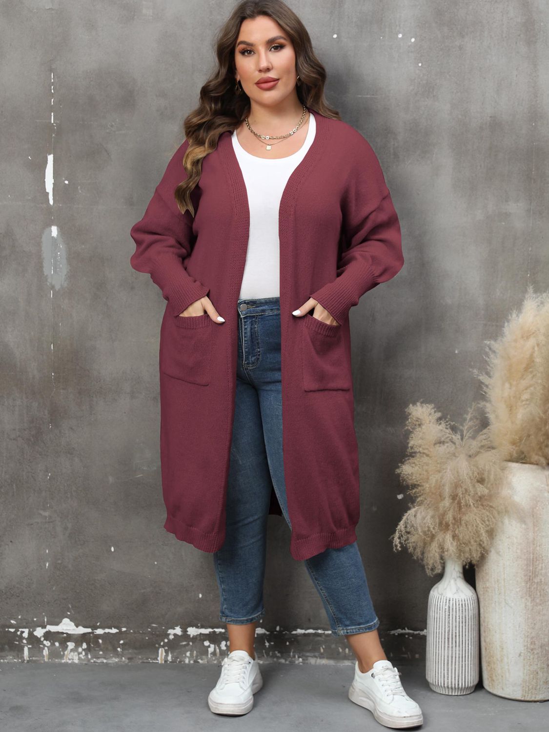 Plus Size Long Sleeve Pocketed Cardigan Trendsi