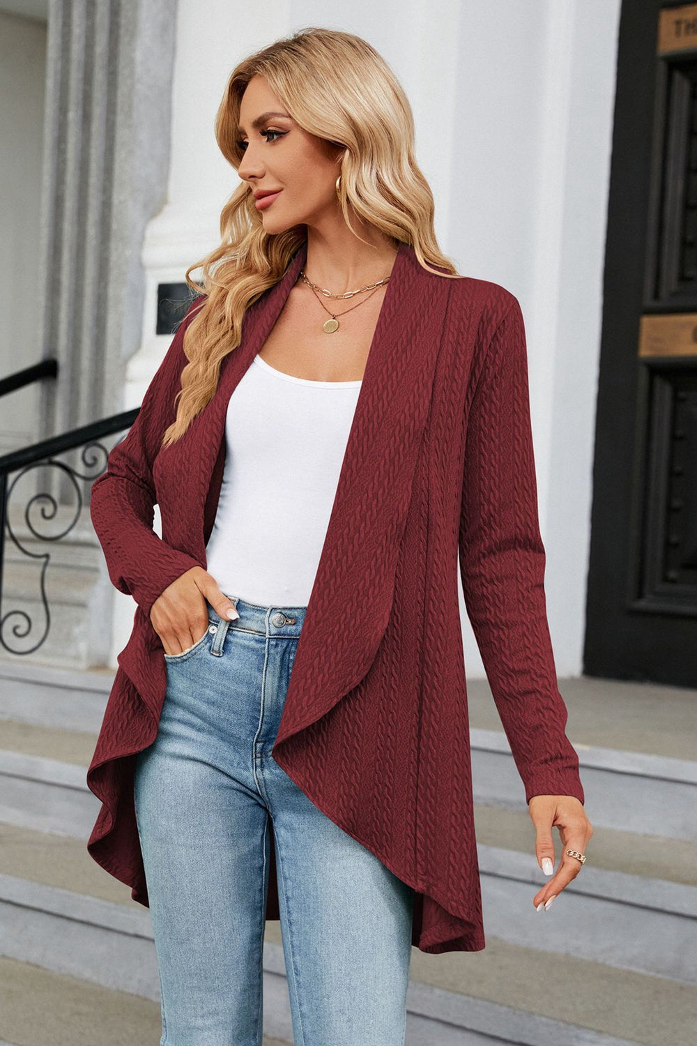 Open Front Long Sleeve Cardigan Trendsi
