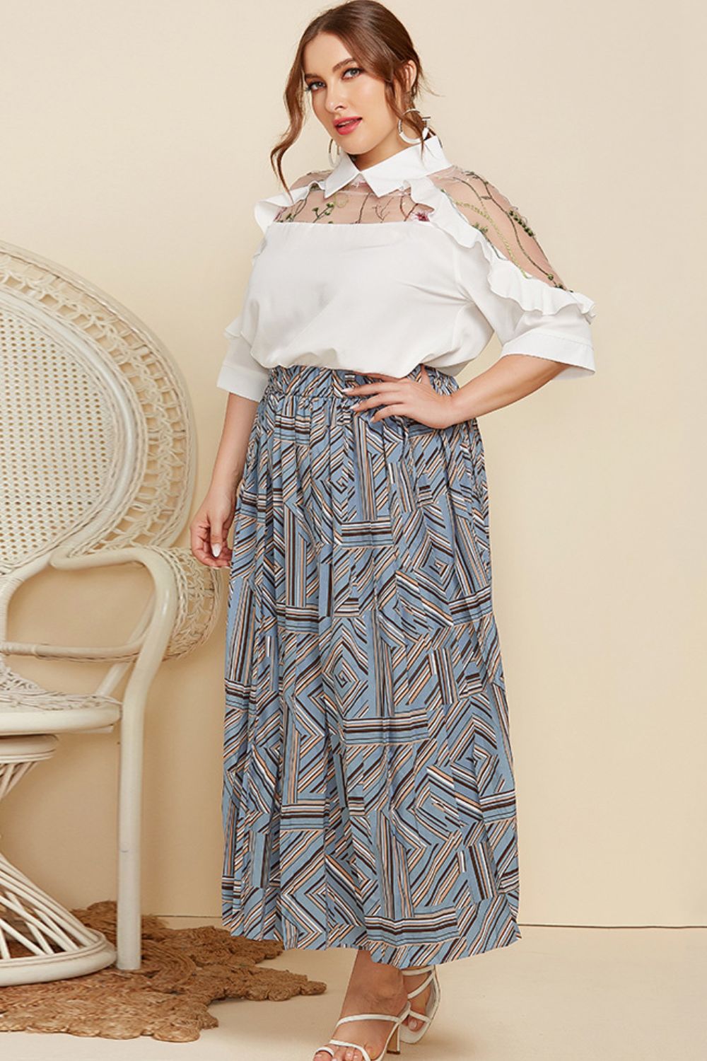 Plus Size Embroidered Ruffle Trim Collared Half Sleeve Blouse Trendsi