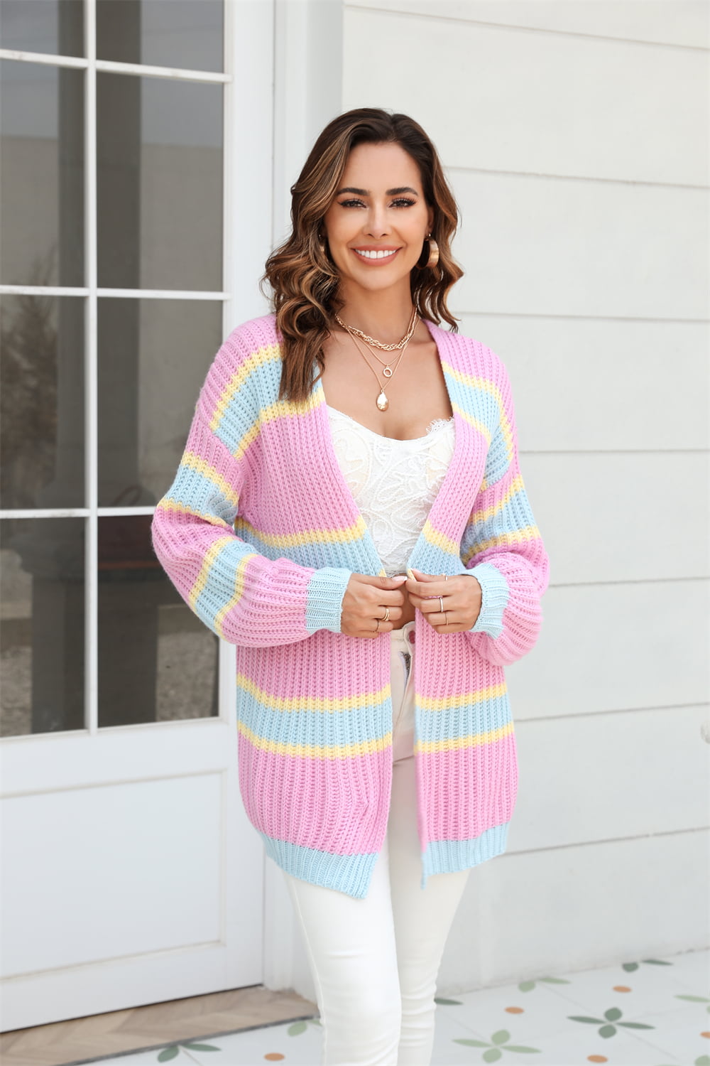 Color Block Ribbed Dropped Shoulder Open Front Cardigan Trendsi