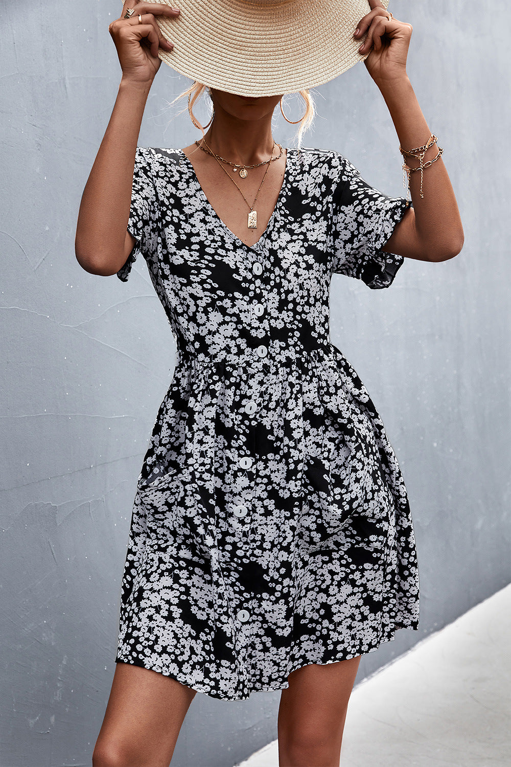 Printed Button down Pocketed Dress Trendsi