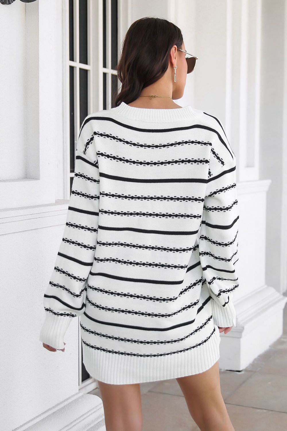 Striped V-Neck Sweater Dress Trendsi