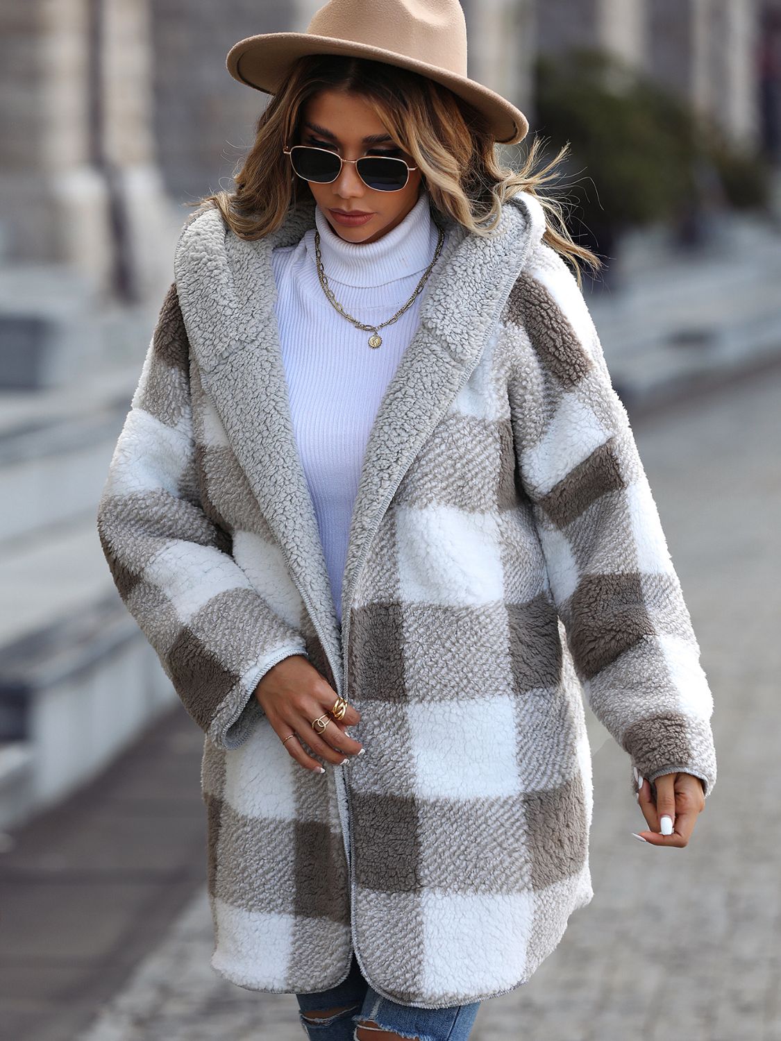 Plaid Open Front Hooded Coat Trendsi
