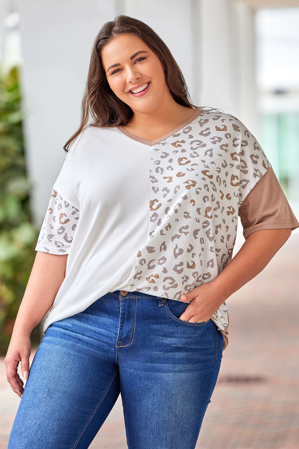Plus Size Leopard V-Neck T-Shirt Trendsi