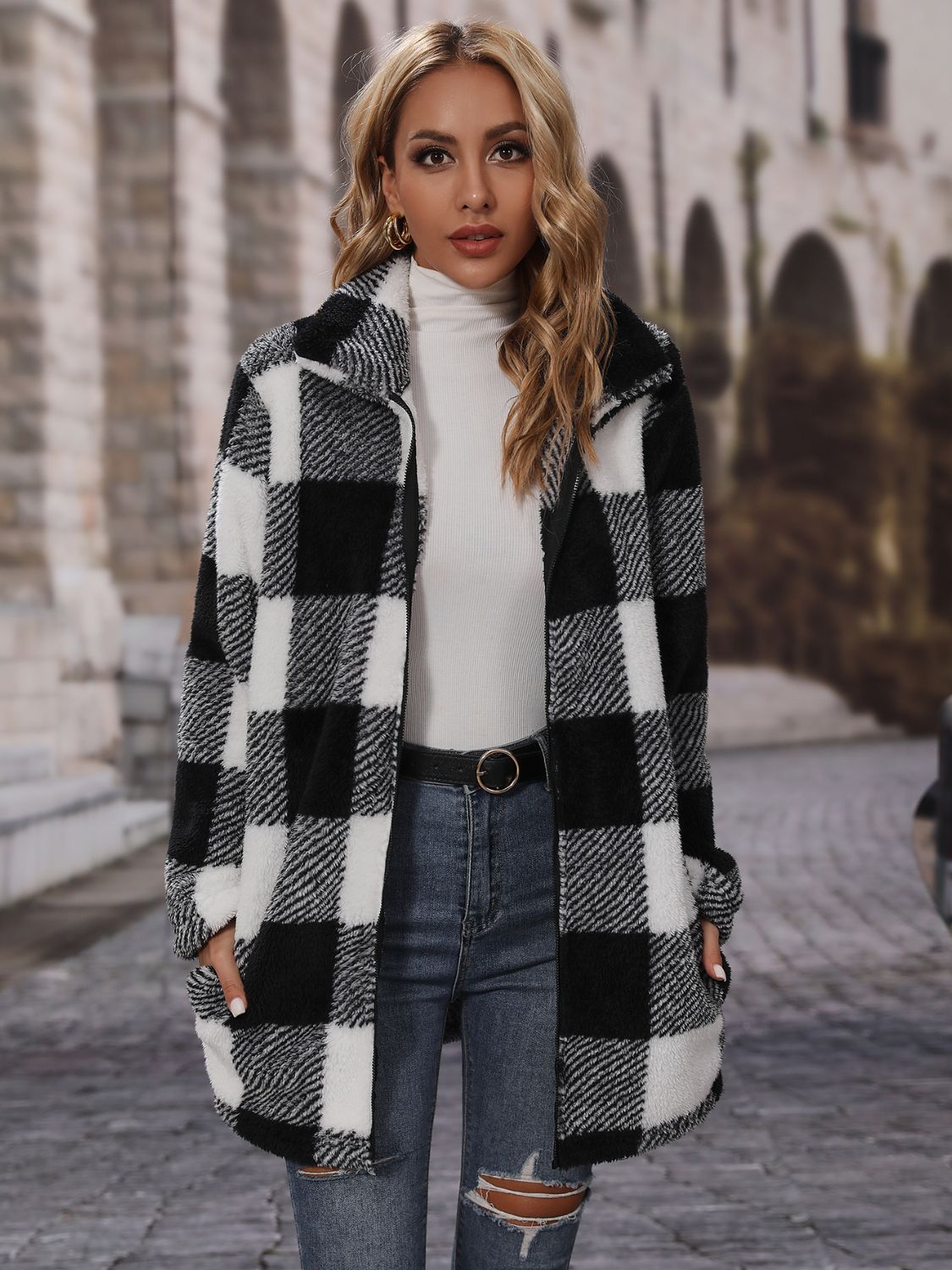 Plaid Collared Neck Coat with Pockets Trendsi