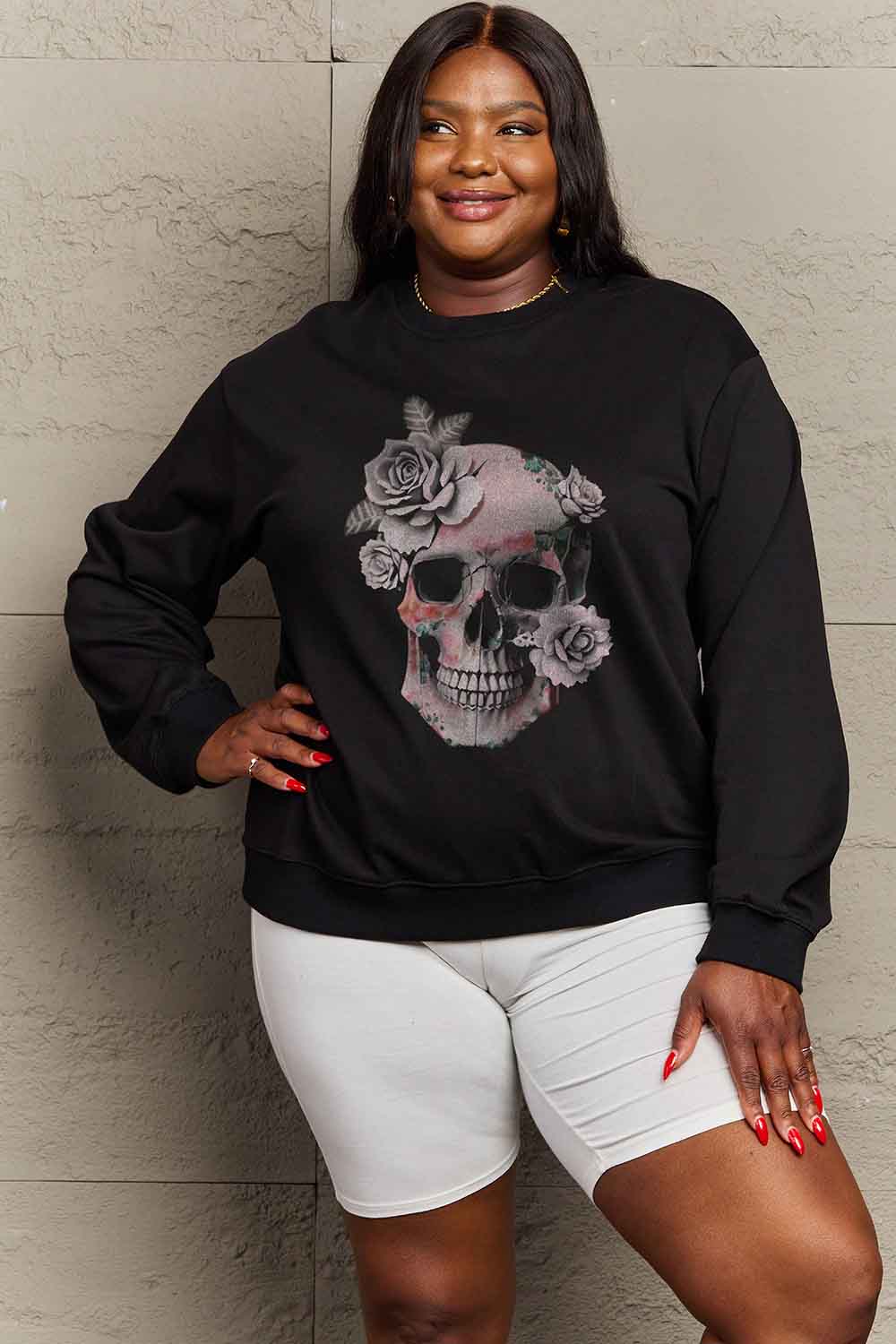 Simply Love Simply Love Full Size Dropped Shoulder SKULL Graphic Sweatshirt Trendsi