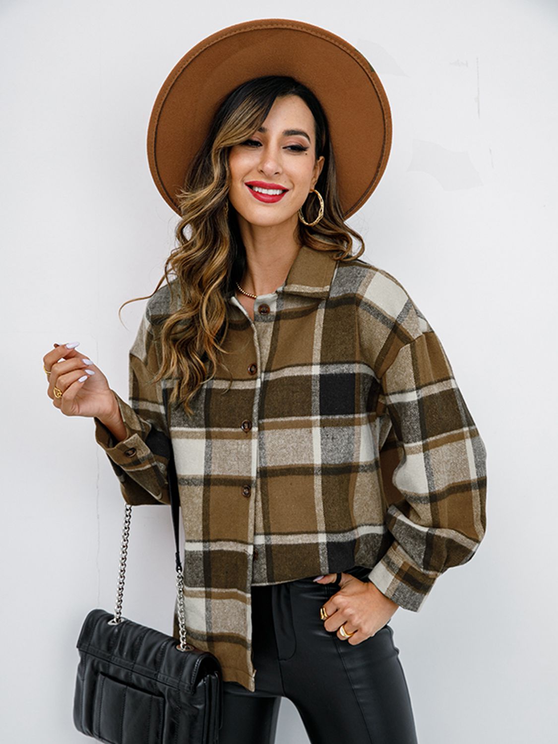 Plaid Button-Down Jacket Trendsi