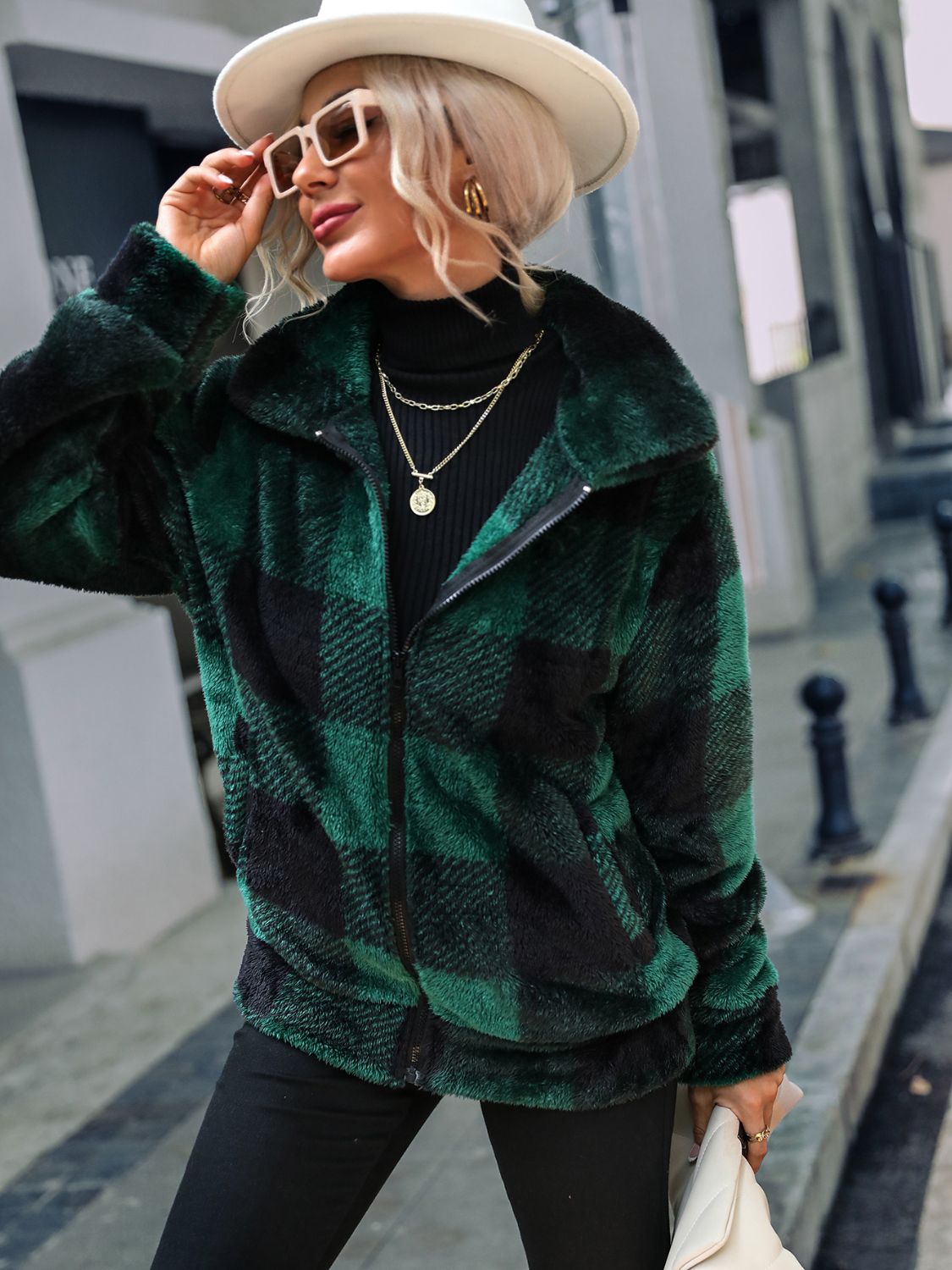Plaid Zip-Up Collared Jacket Trendsi