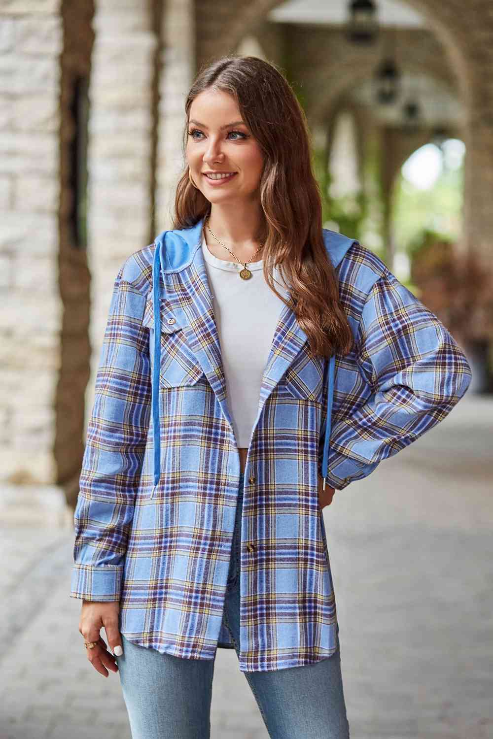 Plaid Long Sleeve Hooded Jacket Trendsi