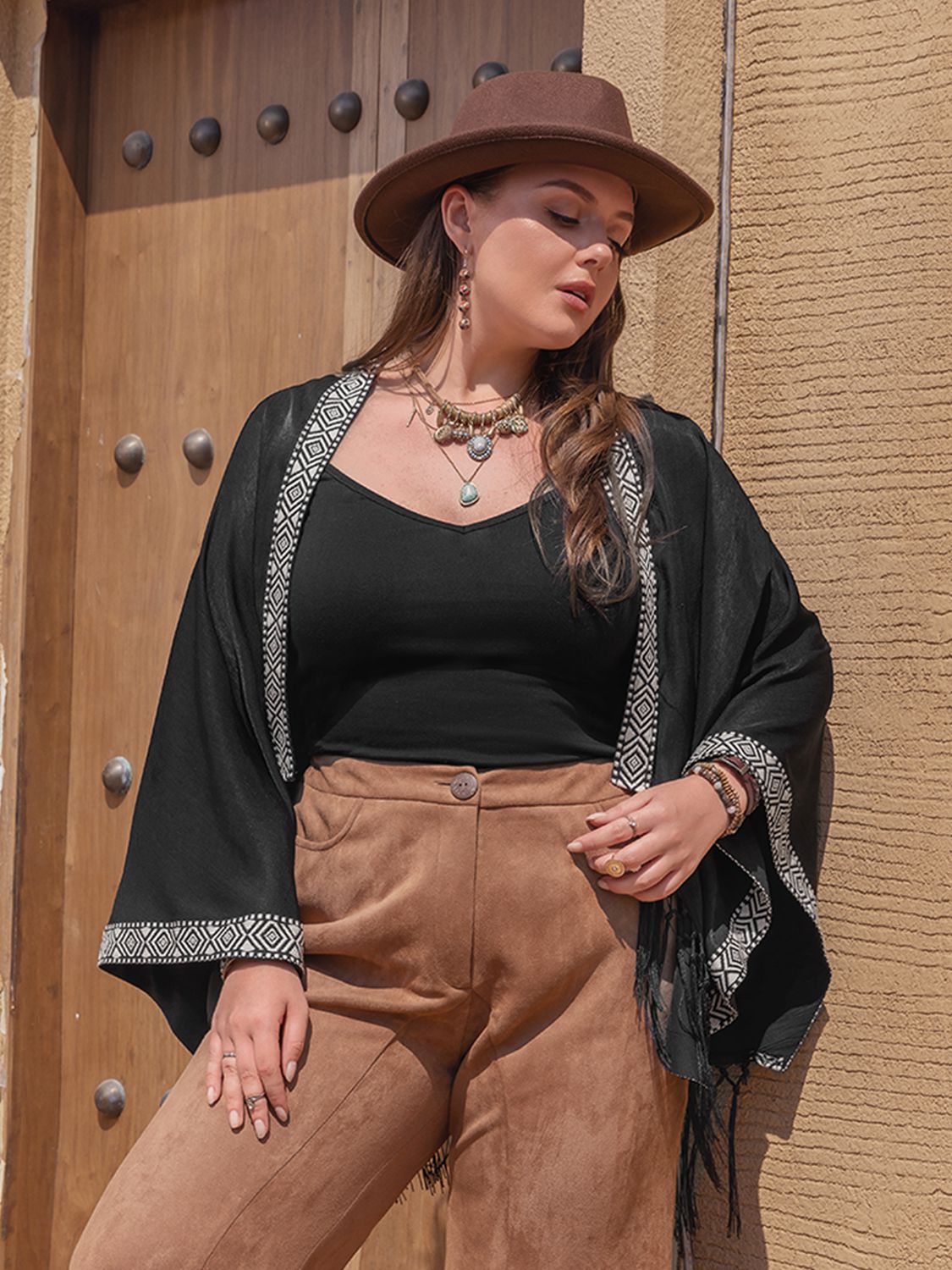 Plus Size Geometric Open Front Fringe Hem Cardigan Trendsi