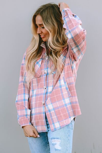 Plaid Pocketed Collared Neck Button Up Jacket Trendsi