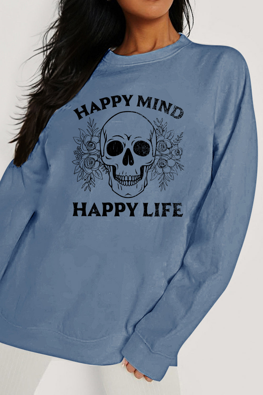Simply Love Simply Love Full Size HAPPY MIND HAPPY LIFE SKULL Graphic Sweatshirt Trendsi