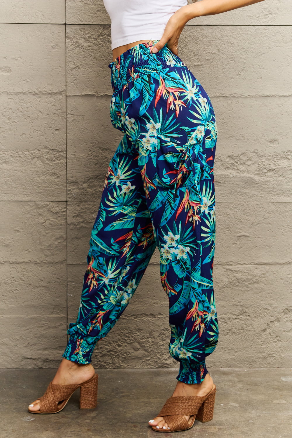 Smocked Plant Print Long Pants Trendsi