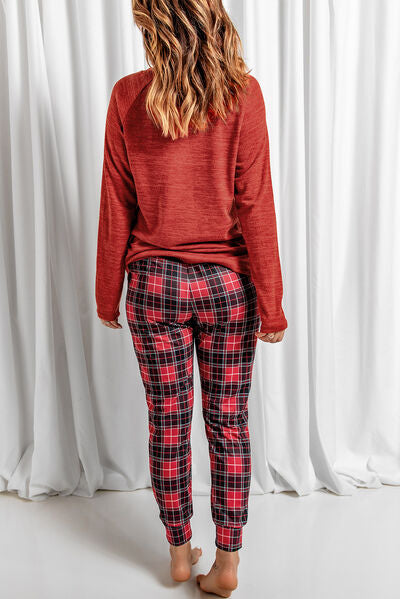 Round Neck Top and Drawstring Plaid Pants Lounge Set Trendsi