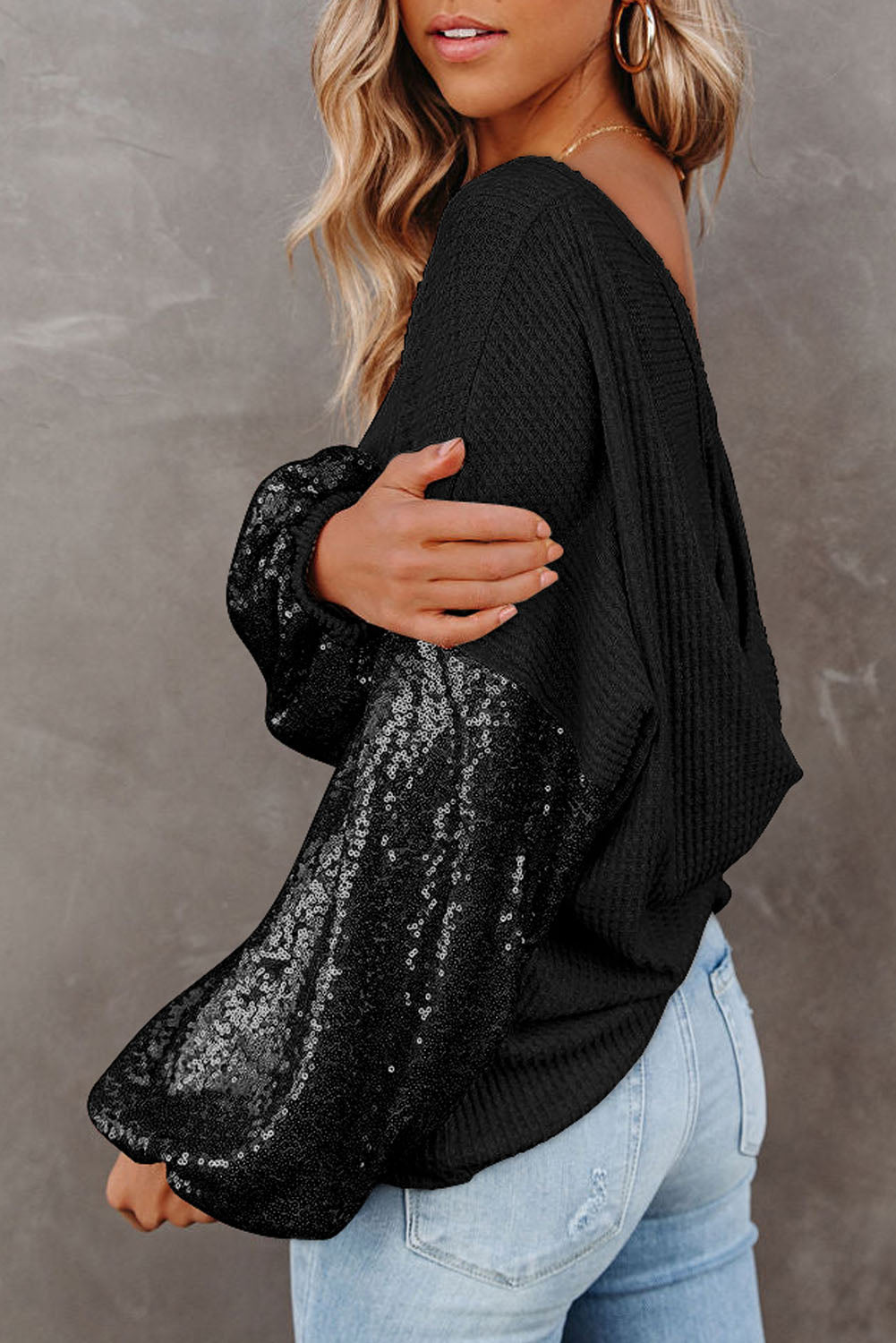 Sequin Waffle-Knit Blouse Trendsi