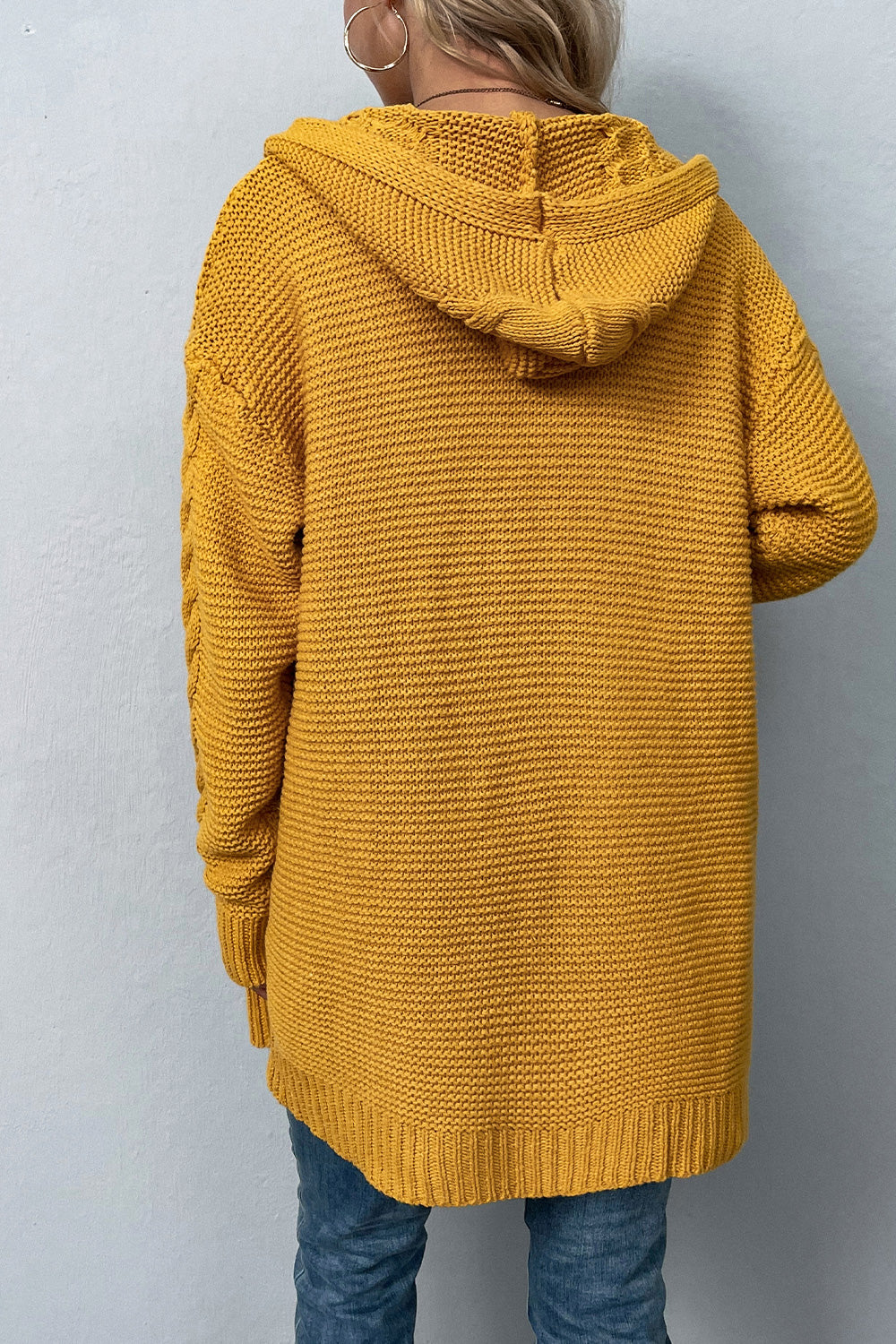 Cable-Knit Dropped Shoulder Hooded Cardigan Trendsi