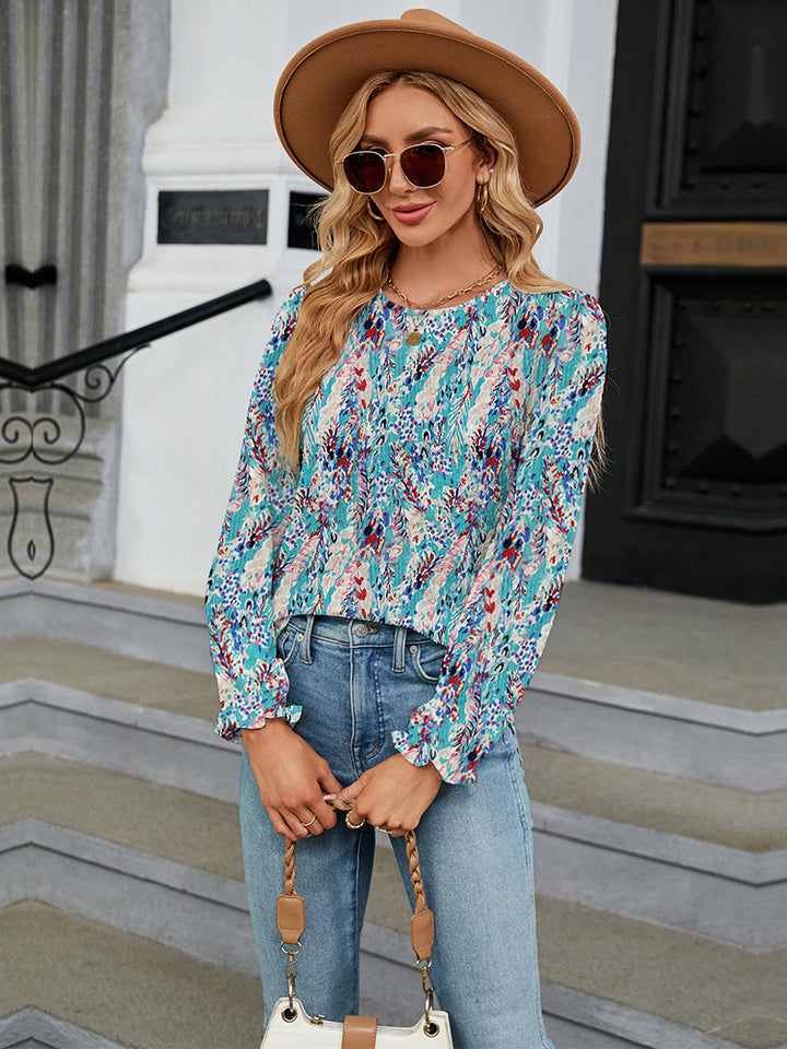 Printed Round Neck Flounce Sleeve Blouse Trendsi